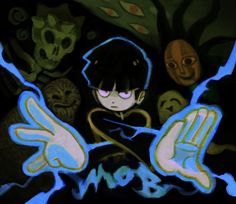 an animated image of a boy surrounded by other cartoon faces and hands in the dark