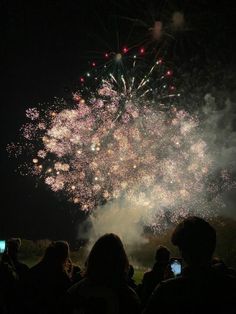 fireworks are lit up in the night sky as people take pictures with their cell phones