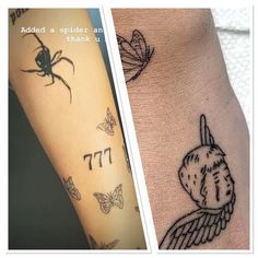 two different tattoos on one arm and the other with an image of a spider in it