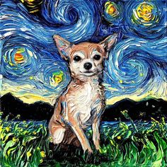 a painting of a dog sitting in the grass under a night sky with stars and moon