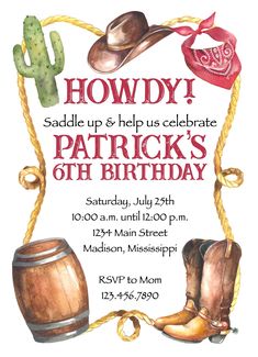 an image of a birthday party with cowboy hats, boots and lasso on it