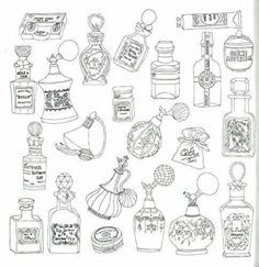 an image of various bottles and perfumes drawn in pencil on white paper with black ink