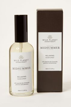 Midsummer Room Spray next to black branded box by Wild Planet Aromatherapy Aromatherapy Room, Grain Alcohol, Relaxation Room, Essential Oil Blends