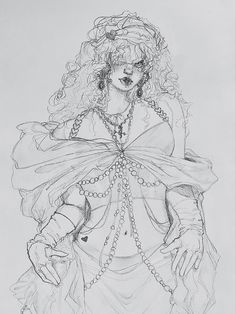 a black and white drawing of a woman wearing a dress with chains on her neck