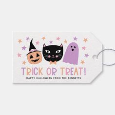 a trick or treat tag with two cats and ghost