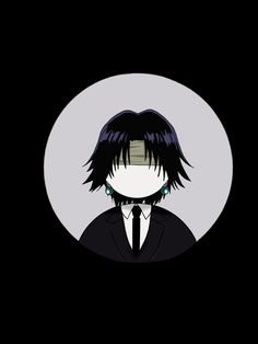 an anime character with black hair and blue eyes, wearing a suit in front of a dark background