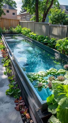 an outdoor swimming pool with plants growing in it and water running down the side walk