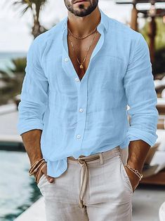 Hombre Camisa camisa de lino Camisa de verano Ropa de playa Abotonar la camisa Camisa con cuello mao Negro Blanco Azul Piscina Caqui Manga Corta Plano Cuello alto Verano Casual Diario Ropa 2024 - $17.27 Mens Linen Shirts Summer, Banded Collar Shirts, Resort Outfit, Mens Wear, Beach Shirt, Shahrukh Khan