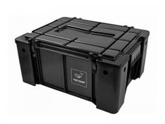 a large black plastic crate with wheels and two separate compartments on the bottom, one is empty