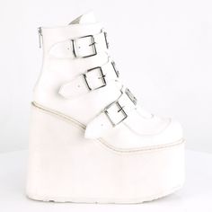 5 1/2" Wedge Platform Punk Gothic Ankle Boots. 3 Buckle Straps And Back Metal Zipper Closure. White Vegan Faux Leather. Niws-105 White Platform Boots, Demonia Boots, Demonia Shoes, Metal Plates, White Platform, Silver Chrome, Wedge Ankle Boots, Platform Ankle Boots, Black Platform