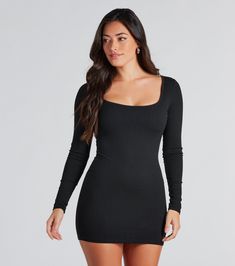 A casual mini dress that's sure to become your fashion muse! The mini-length dress features fitted long sleeves, a scoop neckline, a built-in shelf bra for extra support, and a flattering bodycon silhouette on stretchy rib knit fabric. Complete the look in a moto jacket and boots for day or evening plans!Fit & FeaturesFitted long sleevesScoop necklineBuilt-in shelf braBodycon silhouette, mini-length hemStretchy rib knit fabricRuns true to size Fitted Mini Dress With Straight Neckline For Fall, Fitted Ribbed Mini Dress With Scoop Neck, Fall Bodycon Dress With Scoop Neck, Sleek Mini Dress For Fall, Bodycon Mini Dress With Scoop Neck For Night Out, Ribbed Bodycon Mini Dress With Scoop Neck, Sleek Bodycon Mini Dress For Fall, Trendy Bodycon Dress With Scoop Neck, Orange Homecoming Dresses