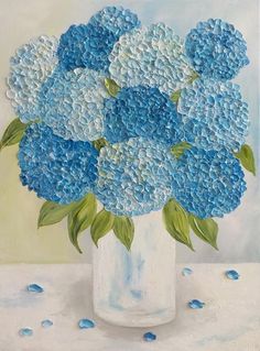 a painting of blue flowers in a white vase on a table with polka dotes