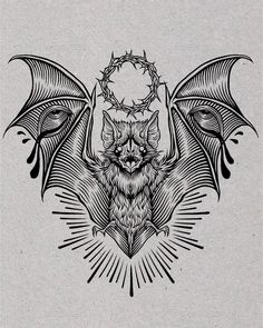 a drawing of a bat with wings on it's back and the head of a demon