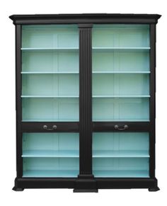 a black bookcase with two glass doors on the front and one door open to reveal an empty shelf