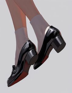 a pair of women's black shoes with high heeled heels and sheer stockings