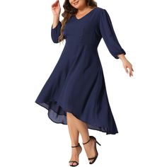 A plus-size brand inspired by the needs of its customers. It can match you on various occasions, by the proper tailoring to show your perfect curve. You deserve this beautiful wedding guest dress for almost all casual or semi-formal occasions, remember not only wear it for once! Step into the spotlight at your next wedding as a distinguished guest with this asymmetrical hem A-line midi dress. The elegant A-line silhouette flatters every body type, while the asymmetrical hemline adds a contempora Semi Formal Dresses Plus Size, Dresses Dark Blue, Dresses For Apple Shape, Sheer Maxi Dress, Banquet Dresses, Line Dresses, Semi Formal Dress, Plus Size Brands, Semi Formal Dresses