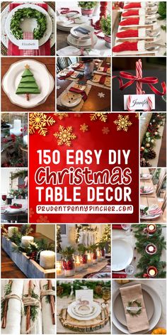 a collage of christmas table decor with red and white plates, napkins, silverware