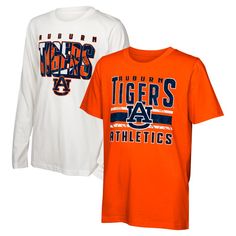 Gear up your young Auburn Tigers fan with this stylish and comfortable In the Mix T-Shirt Combo Set. This set includes both short and long sleeve tees, making it a versatile choice for year-round wear. Each top features the Auburn Tigers name and logo prominently displayed, so your young fan can show off their team spirit wherever they go. Letter Print Tops For College, Team-colored University Logo T-shirt For Sports Season, Team Spirit University Logo T-shirt With Crew Neck, Team Spirit Orange T-shirt With Graphic Print, Sports Season University Logo T-shirt Crew Neck, Auburn Shirts, Auburn Tigers, Auburn, Long Sleeve Tees