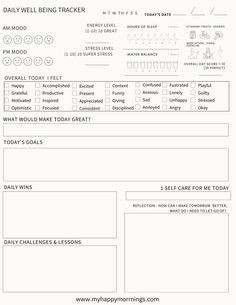 the daily well being tracker is shown in black and white, with text on it