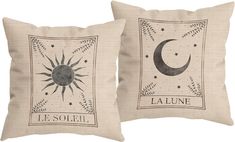 two pillows with the words le solene and an image of a crescent on them