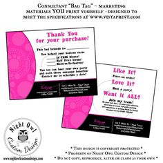 a pink and black business card with the words, thank you for your purchase