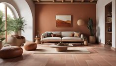 a living room filled with lots of furniture next to an arched window and potted plants