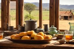 a plate full of food sitting on top of a wooden table next to a window