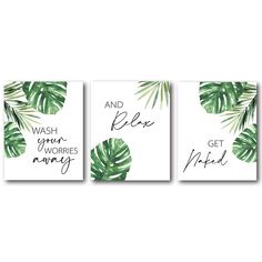 three cards with palm leaves and the words, wash your hands get married