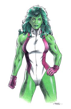 a drawing of a woman with green hair and white body, wearing pink gloves on her hands