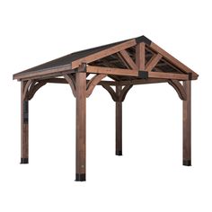 a wooden gazebo with metal roof on an isolated white background