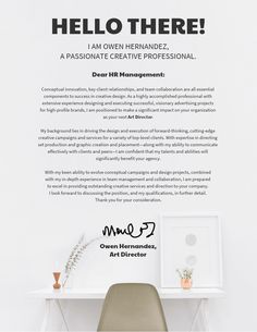 the back cover of an advertisement with a chair and desk in front of it, which reads hello there i am own hernandz a passionate creative professional