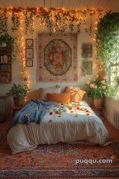 a bedroom decorated with flowers and plants on the wall above the bed is lit by fairy lights