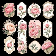 some pink flowers and tags on a white background, with an ornate frame in the middle