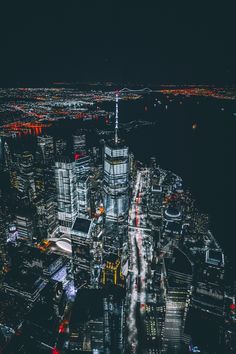 an aerial view of the city at night