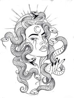 medusa with snakes on her head and the word medusa written in black ink