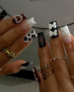 Nails | nail inspo | nail ideas | gelxnails | nail design | gelx | nail art | french nails | chrome nails | bow nails | square nails | black nails | white nails | Builder Gel Natural Nails, Black And White Bow Nails, Black Bday Nails, Black Short Nail Designs, Nail Inspo Square Short, Nail Inspo Short Square, Old School Nails, Bow Acrylic Nails, French Nails Chrome