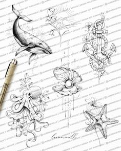 some marine animals and flowers on a sheet of paper with a pencil in the foreground