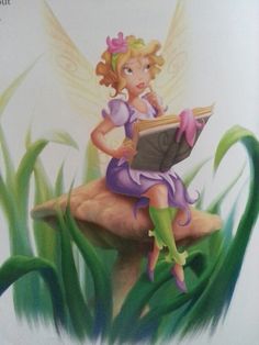 a fairy sitting on top of a mushroom reading a book