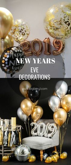 new year's eve decorations with balloons and confetti