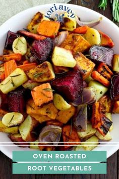 roasted root vegetables in a white bowl with text overlay