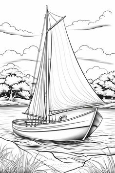 a black and white drawing of a sailboat on the water with trees in the background