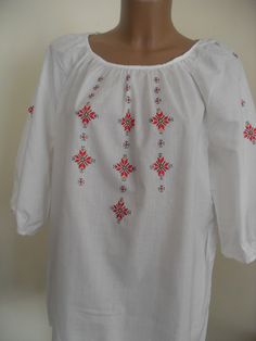 Embroidered blouse with traditional Bulgarian embroidery came from the centuries Traditional Long Sleeve Blouse, White Traditional Tops With Traditional Patterns, Traditional Long Sleeve Peasant Top With Geometric Embroidery, Folk Blouse With Multicolor Embroidery Motif, Traditional Blouse With Geometric Embroidery, Traditional Long Sleeve Blouse With Embroidered Border, Traditional White Top With Intricate Embroidery, Multicolor Embroidered Folk Fabric, Festival Cotton Embroidered Fabric