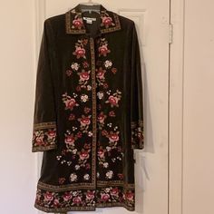 This Is A Peter Nygard Embroidered Medium Length Jacket/Coat. The Material Is Velour Velvety. The Color Is Brown With Rose Burgundy And Olive Green Embroidery. It Is Vintage Bohemian. Measurements Are Sleeve Length 24.”, Length Of Jacket 36”, The Bust Is 18 Inches Across The Front While Buttoned. This Jacket Runs A Little Small. I Would Say Anywhere From Size 6 To 8 Would Be Fine. This Jacket Is Lined And Has Button Closures. Brown Floral Embroidered Fall Outerwear, Green Bohemian Embroidered Outerwear, Vintage Embroidered Green Outerwear, Vintage Brown Embroidered Outerwear, Western Sweaters, Winter Floral Embroidered V-neck Outerwear, Fur Collar Jacket, Orange Quilt, Embellished Denim Jacket