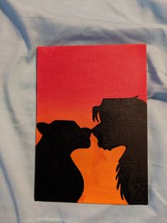 an acrylic painting of two bears kissing on a red and black square background