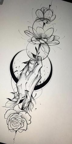 a black and white drawing of flowers on a sheet of paper with an ink pen