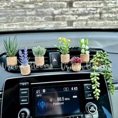 four succulents are placed on the dashboard of a car with an air vent