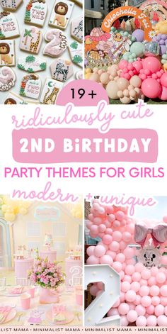 pink and white birthday party themes for girls with balloons, cookies, cake, decorations and more