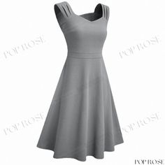 Elegant A-line Cocktail Dress - Solid Color with Large Skirt Gray A-line Mini Dress For Spring, Solid Pleated A-line Mini Dress, Pleated Fit And Flare A-line Sleeveless Dress, Pleated Sleeveless A-line Dress Fit And Flare, Fitted Solid Gray Dress, Fit And Flare Knee-length Sleeveless Dress, Fit And Flare Sleeveless Knee-length Dress, Plain Fitted A-line Dress, Solid Color Sleeveless Knee-length Fit And Flare Dress