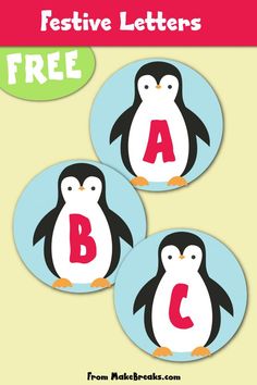 three penguin stickers with the letters a, b and c in front of them