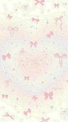 a pink and white wallpaper with bows on the bottom, hearts in the middle